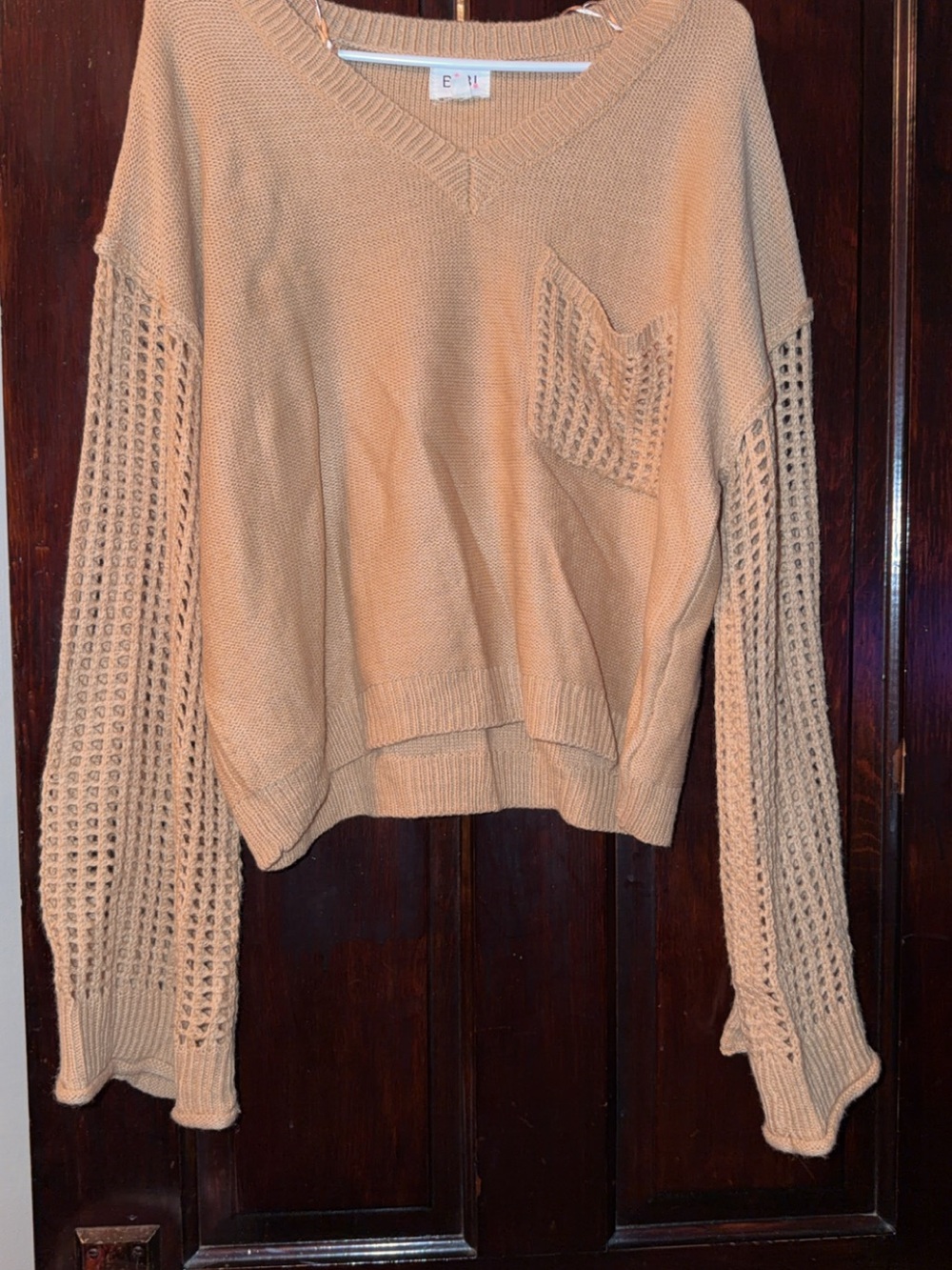 BiBi Beige Openwork Sleeve V-Neck Sweater